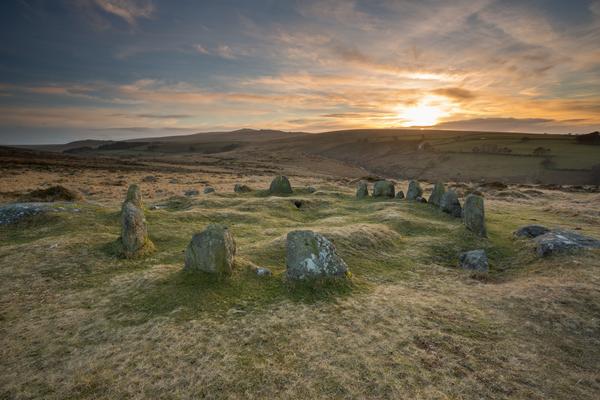 Nine Maidens Stone Circle at sunrise