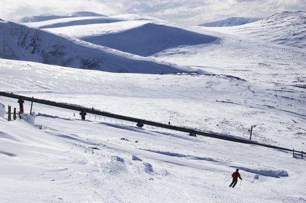 Snowy scene in the Cairngorms with lone skier