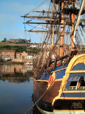 Full-size replica of the ship Endeavour pictured in harbour