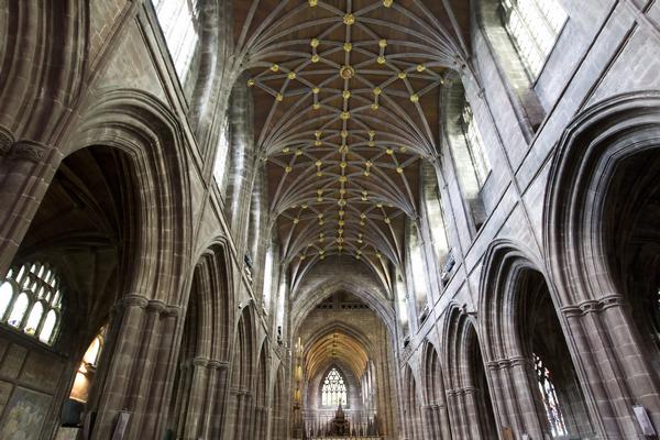 Chester Cathedral showing arches and high vaulted ceiling