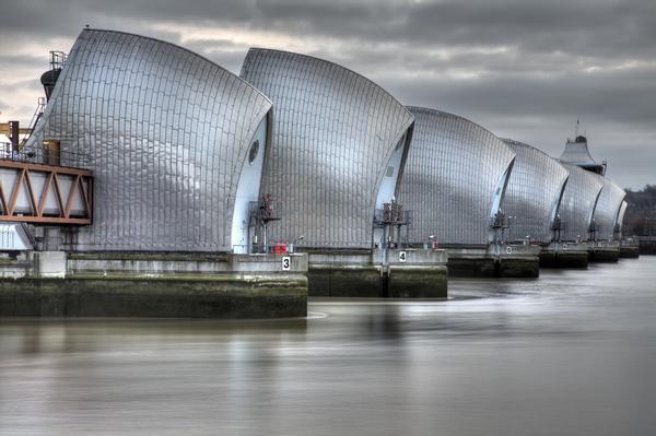 View of the Thames Barrier, showing six of the nine concrete piers.