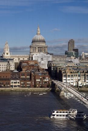 View of St Pauls Cathedral and Thames River Millennium Bridge from the Tate Modern