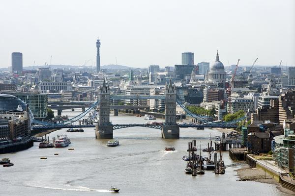 Elevated view of Tower Bridge and St Pauls, London