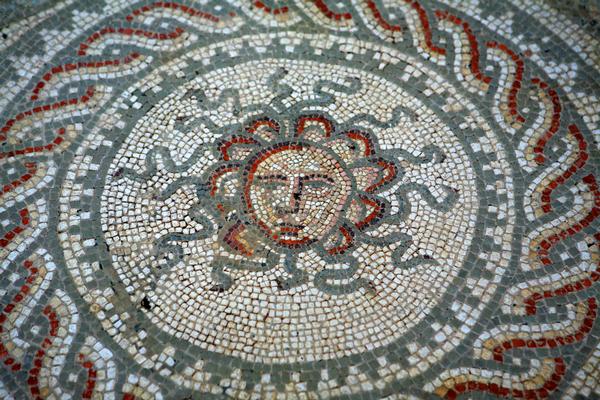 A Roman mosaic from Bignor Roman Villa Sussex England depicting Medusa the snake head Gorgon