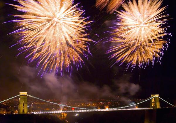 Fireworks over the Clifton Suspension Bridge in Bristol