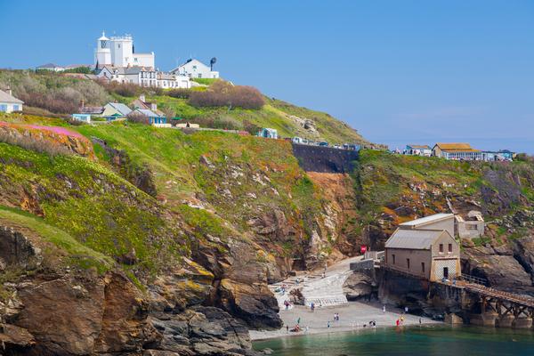 View towards Lizard Point with Polpeor Cove below. Cornwall England UK Europe