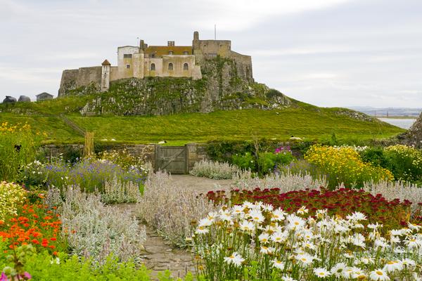 Lindisfarne Castle, from Gertrude Jekyll's Garden, Holy Island, Northumberland, England.