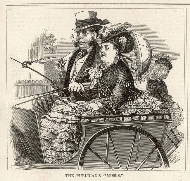 A publican and his wife in an open carriage. Date: 1871