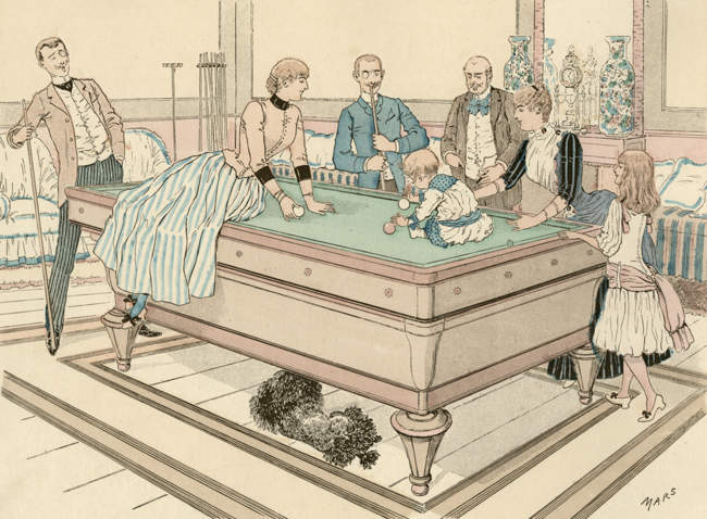 Family playing a game of Billiards. Date: 1886