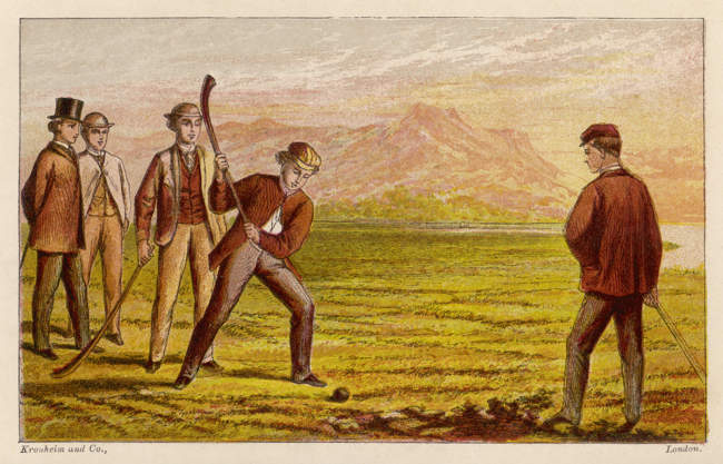 Men playing golf. Date: circa 1860