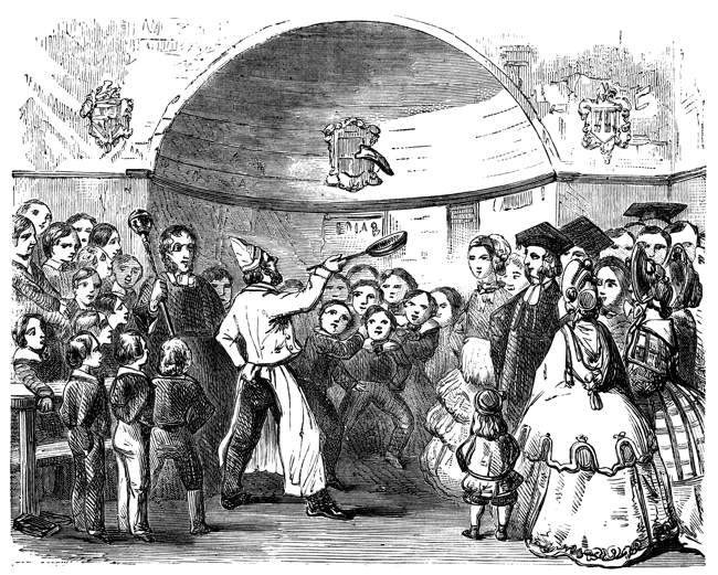 Tossing a pancake on Shrove Tuesday at a boys school. Date: 1883