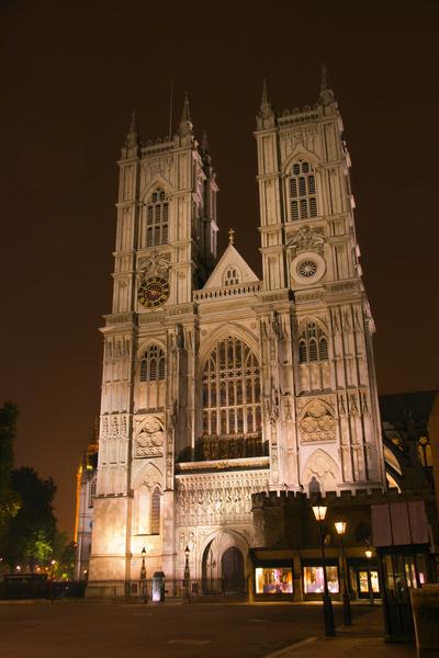 Westminster Abbey front facade in night light