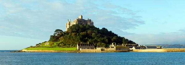 Distant view of St Michael's Mount with sea in foreground