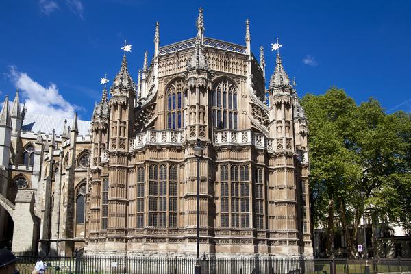View of outside of Westminster Abbey on a sunny day