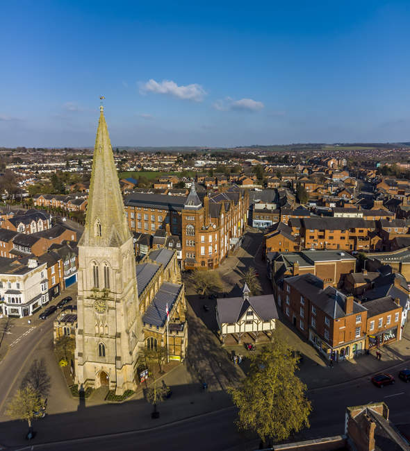 Aerial view of central square in the town of Market Harborough