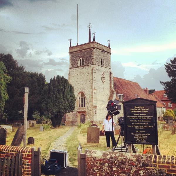 Press cameras and lighting equipment prepared to report the birth of the royal baby outside the parish church in Bucklebury, England