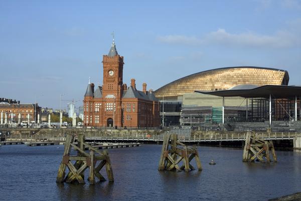 Cardiff Bay Millennium Centre showing its copper roof shining in the sunlight