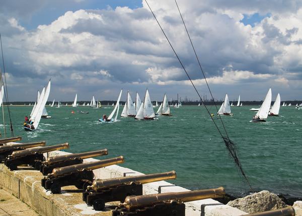 Sailing race at Cowes with canons in foreground