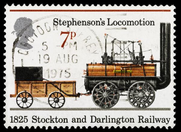 Used postage stamp celebrating the 150th Anniversary of the Public Railways from 1825 and the Stockton and Darlington Railway