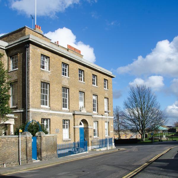 Imposing Customs House building with blue doors at Gravesend