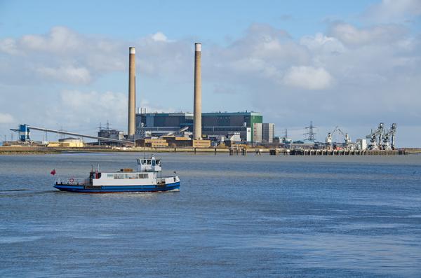 The Gravesend to Tilbury ferry which is sailing in front of the now closed Tilbury Power Station