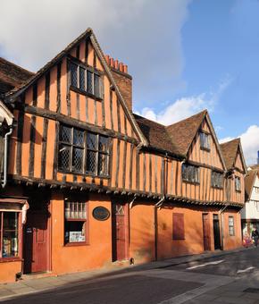 Half timbered orange coloured building in Silent Street, Ipswich