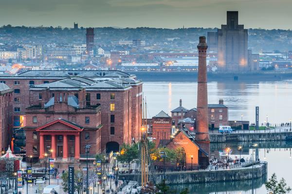 Aerial view of Albert Dock and surrounding area