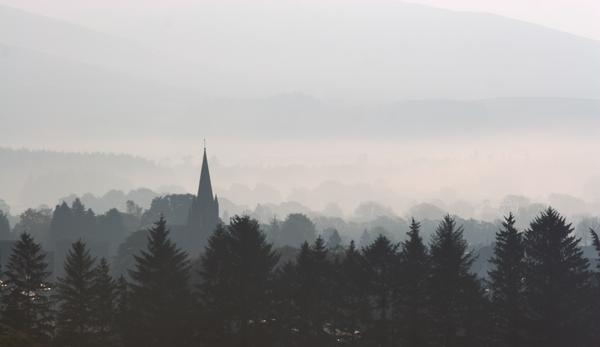 The town of Moffat, Dumfriesshire, Scotland, through the morning mist.