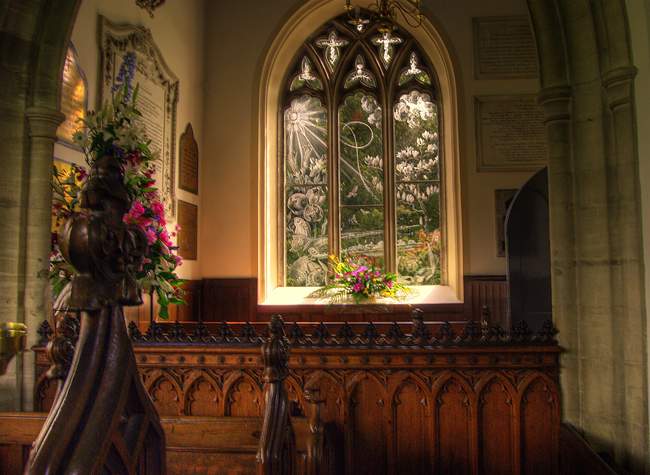 Image of one of the fabulous etched glass windows. &copy; Cheryl Mundur