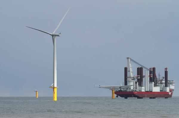 Newly erected wind turbines off the coast at Redcar
