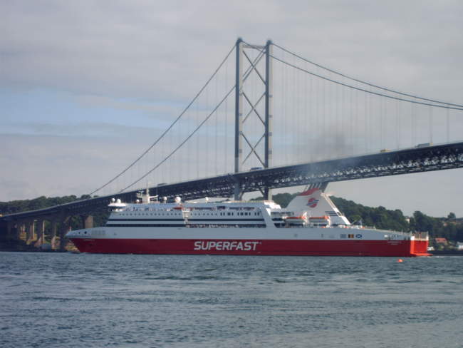 Ferry passing under The Forth Road Bridge © Mrs Calmyn Lamb Ferry passing under The Forth Road Bridge South Queensferry © Mrs Calmyn Lamb