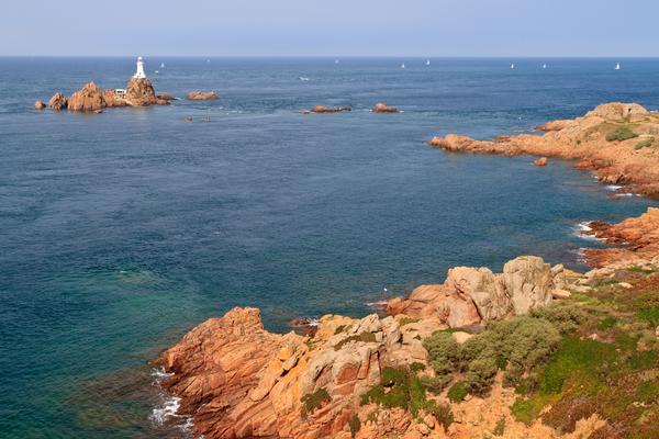 Distant View of Corbiere Lighthouse and the Rocky Coast, Jersey, The Channel Islands